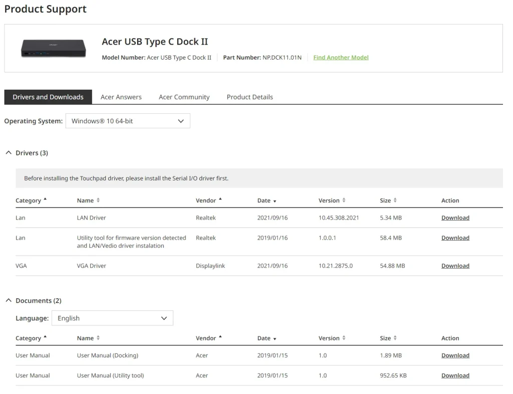 Acer Usb Type C Dock specs table