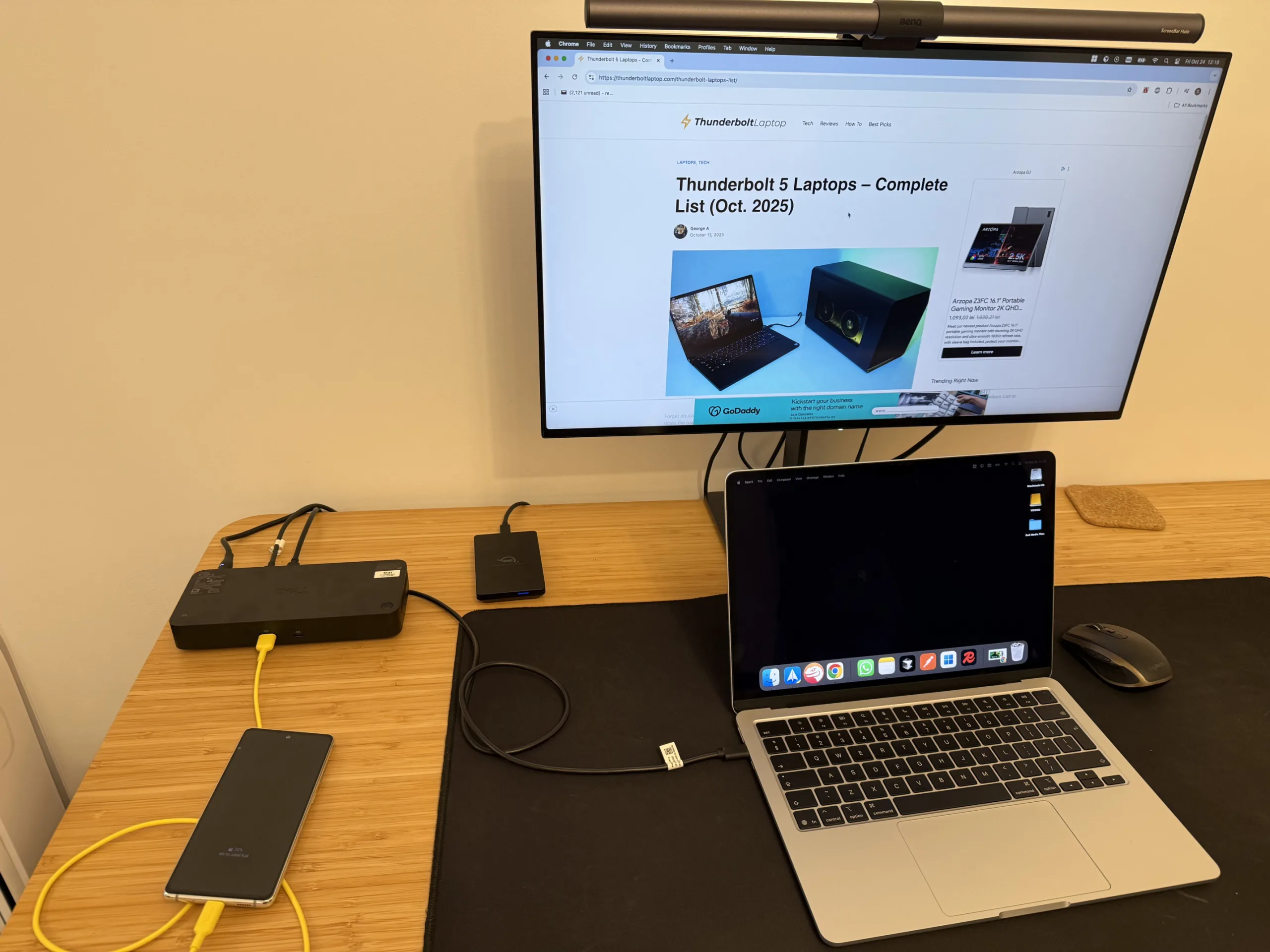 Dell Dock on a desk with M4 Mac, 4K Monitor, OWC Envoy TB3 SSD, and Phone Charging