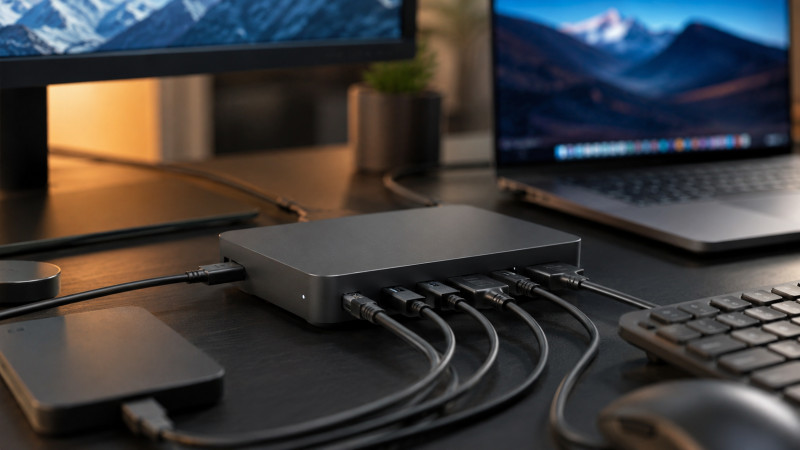 Thunderbolt 4 dock connecting a laptop, monitors, storage, keyboard, and mouse on a desk