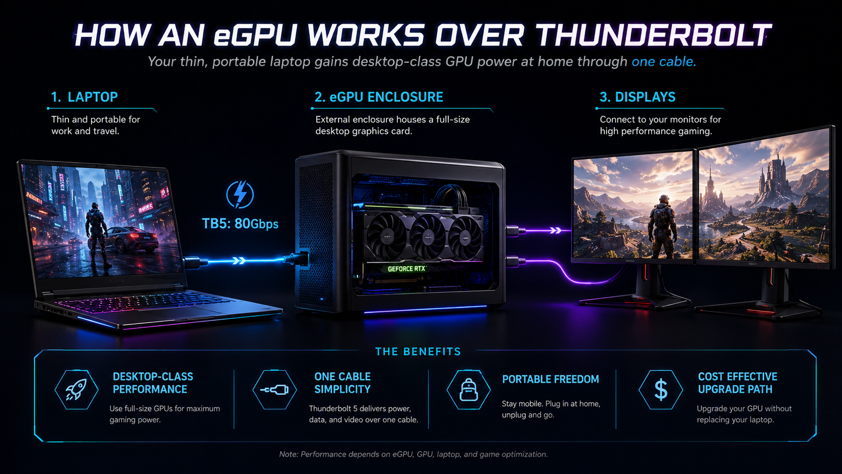 Diagram showing how a gaming laptop connects to an external GPU enclosure via Thunderbolt cable