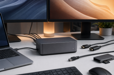 Illustrative dual-monitor workstation with a generic active-cooled dock for the Anker Prime TB5 review.