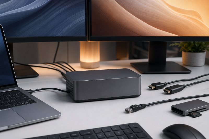 Illustrative dual-monitor workstation with a generic active-cooled dock for the Anker Prime TB5 review.