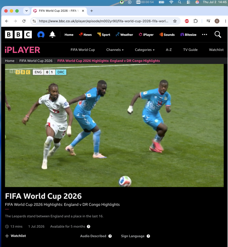 BBC iPlayer playing World Cup 2026 highlights through VPNBaron