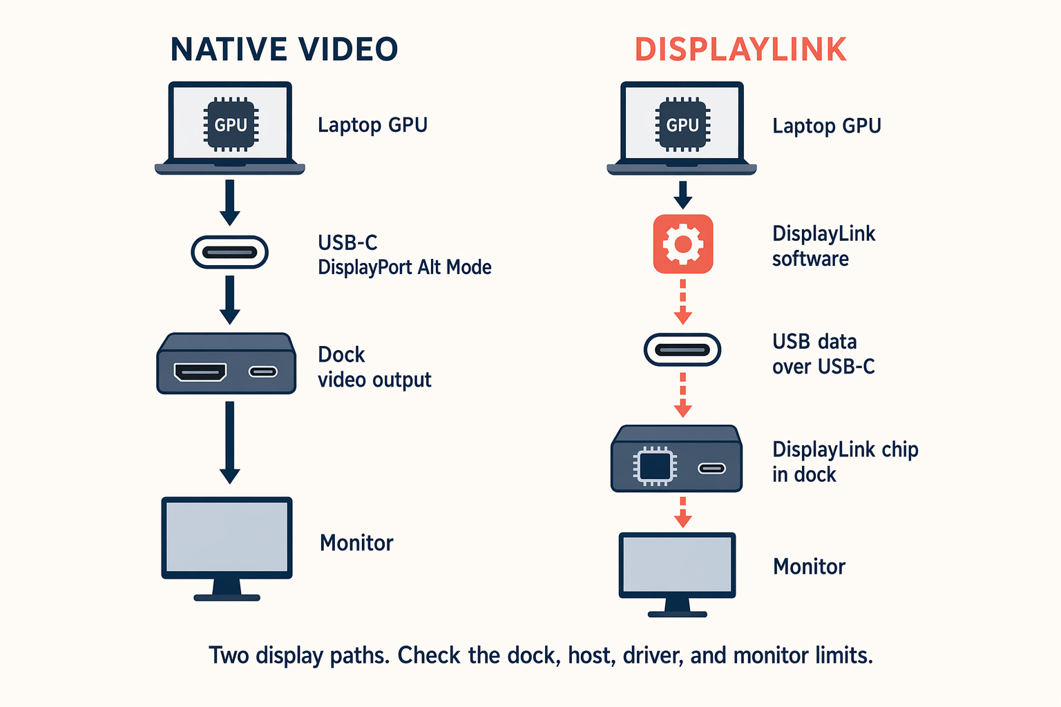 Diagram comparing native DisplayPort Alt Mode and DisplayLink USB graphics paths through a docking station