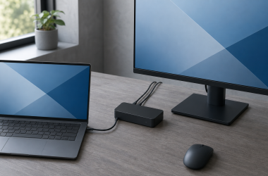 Unbranded Windows laptop connected to a docking station and one external monitor on a clean desk