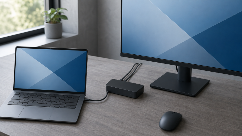 Unbranded Windows laptop connected to a docking station and one external monitor on a clean desk