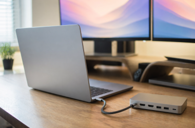 Docking station connected to a MacBook Air desk setup