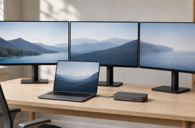 Laptop connected through one docking station to exactly three external monitors on a clean desk