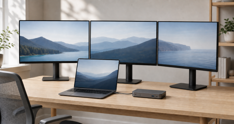 Laptop connected through one docking station to exactly three external monitors on a clean desk