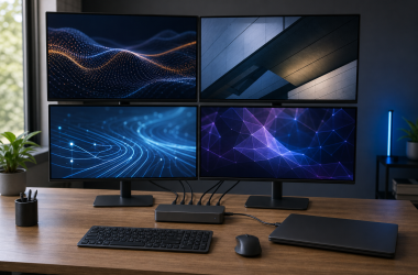 Four-monitor workstation with a closed laptop connected through a docking station to four independently active external displays.