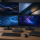 Four-monitor workstation with a closed laptop connected through a docking station to four independently active external displays.