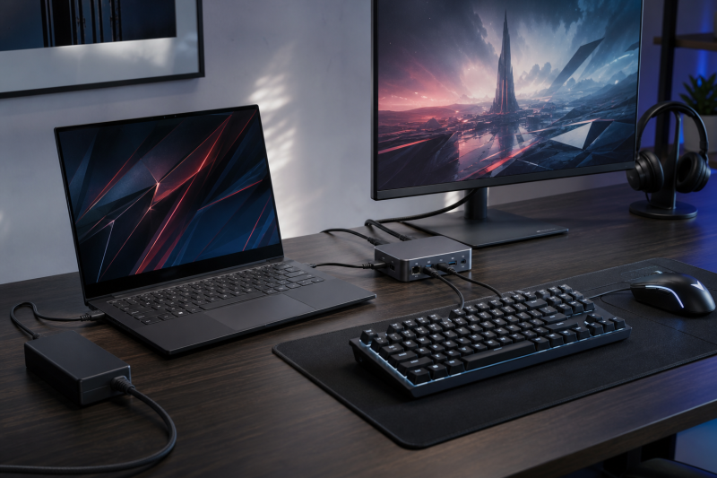 Gaming laptop docking station setup with a separate laptop power brick, external monitor, keyboard, mouse, and headset.