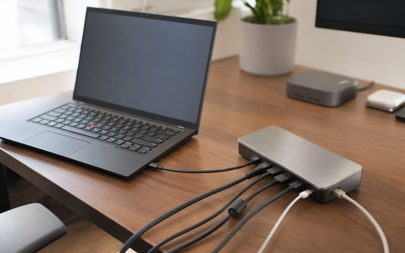 ThinkPad docking station connected to a ThinkPad laptop by USB-C, with cables fanning out across a desk