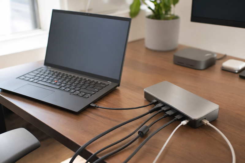 ThinkPad docking station connected to a ThinkPad laptop by USB-C, with cables fanning out across a desk
