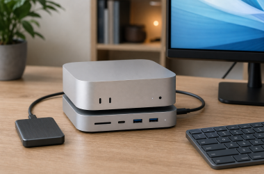 Mac mini on a matching docking stand with front ports, connected monitor, keyboard, and external SSD.