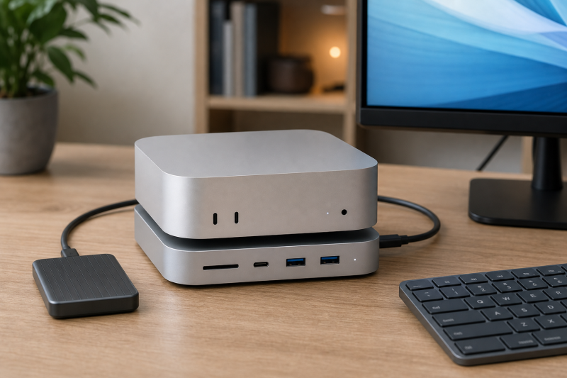 Mac mini on a matching docking stand with front ports, connected monitor, keyboard, and external SSD.