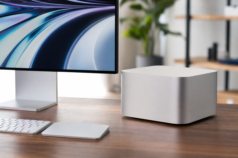 Mac mini connected to a high-resolution monitor on a clean desktop