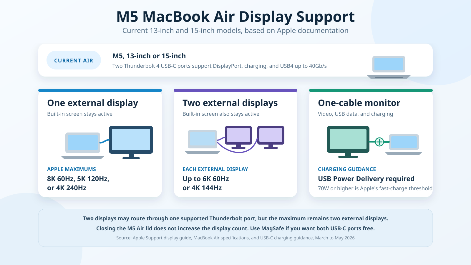 Current M5 MacBook Air external display limits and one-cable USB-C monitor charging