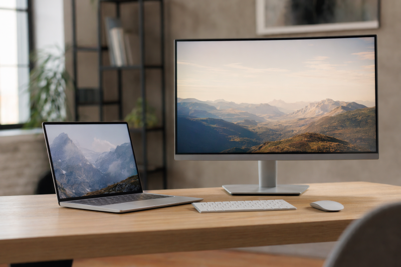 Thin laptop beside a desktop monitor in a bright home office