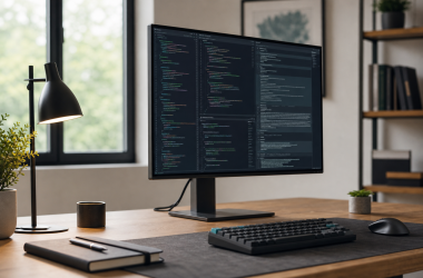 Coding and programming monitor on a developer desk showing code, terminal, and documentation panes.