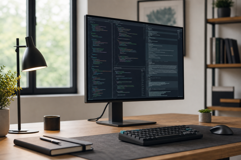 Coding and programming monitor on a developer desk showing code, terminal, and documentation panes.