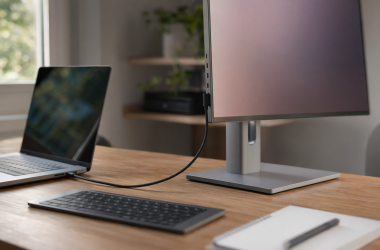 Bright home office monitor connected to a laptop by USB-C
