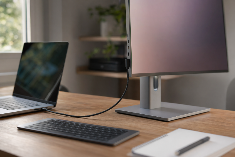 Bright home office monitor connected to a laptop by USB-C