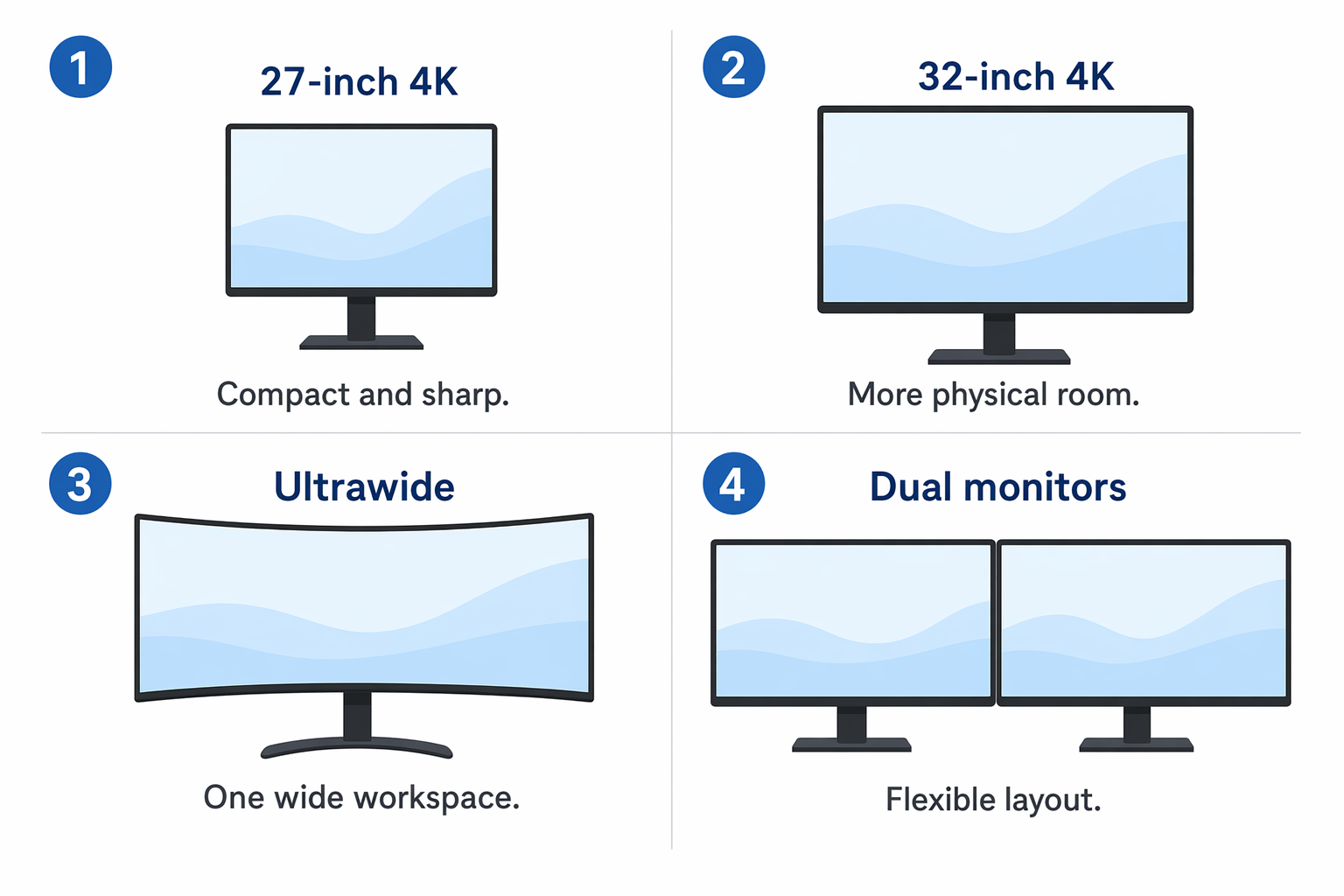 Home office monitor comparison showing 27-inch 4K, 32-inch 4K, ultrawide, and dual-monitor desk layouts