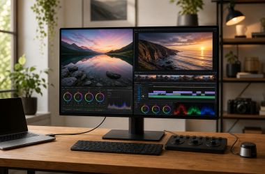 Color-managed photo and video editing workstation with a large monitor and connected laptop.