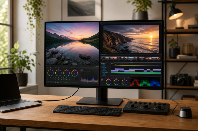 Color-managed photo and video editing workstation with a large monitor and connected laptop.