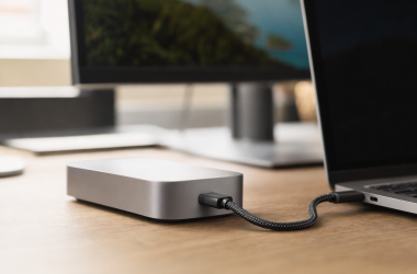 Thunderbolt 5 cables connected to a laptop and dock