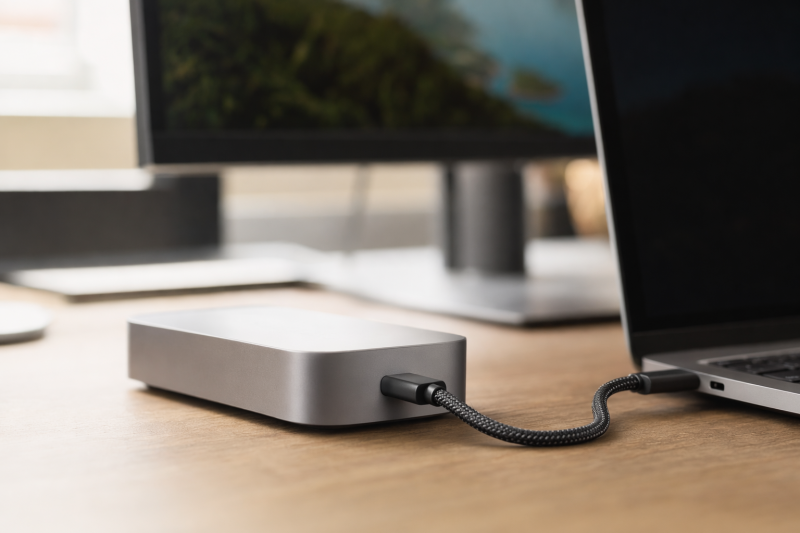 Thunderbolt 5 cables connected to a laptop and dock