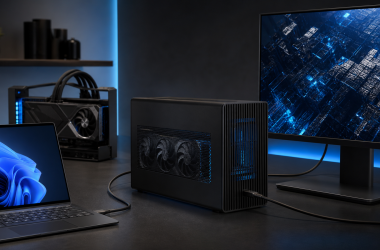 Thunderbolt 5 eGPU enclosure and open-frame dock connected to a Windows laptop