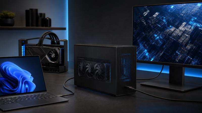 Thunderbolt 5 eGPU enclosure and open-frame dock connected to a Windows laptop
