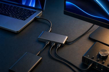 Thunderbolt hub connecting a laptop to a portable SSD, monitor, and audio interface.