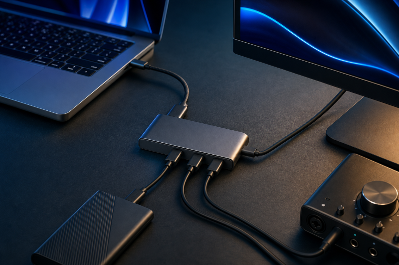 Thunderbolt hub connecting a laptop to a portable SSD, monitor, and audio interface.