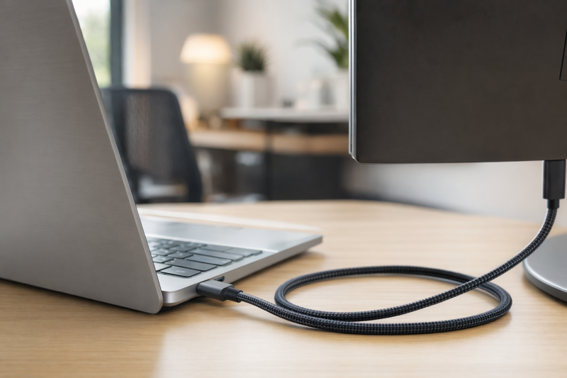 Braided USB-C cable plugged into a laptop and coiling across a desk toward a monitor