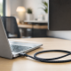 Braided USB-C cable plugged into a laptop and coiling across a desk toward a monitor