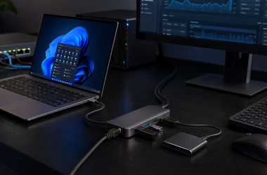 USB-C hub and desktop dock with 2.5Gb Ethernet connected to a Windows laptop and network switch