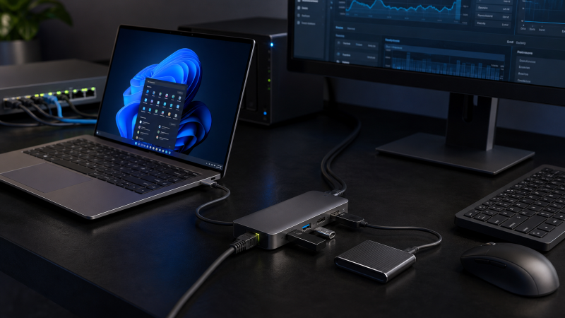 USB-C hub and desktop dock with 2.5Gb Ethernet connected to a Windows laptop and network switch