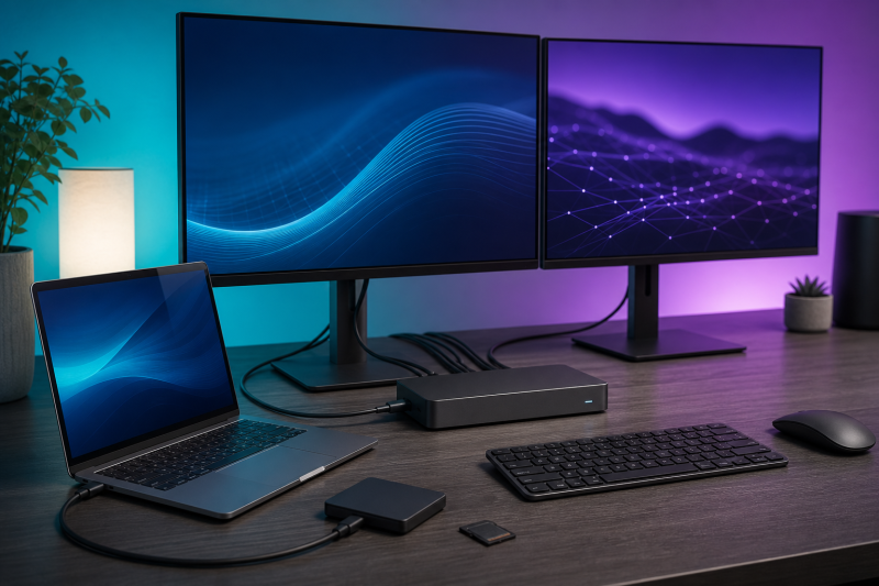 Illustrative Thunderbolt docking station desk setup for a CalDigit TS4 review