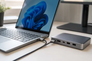 Affordable Thunderbolt laptop connected to a compact dock
