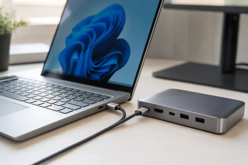 Affordable Thunderbolt laptop connected to a compact dock