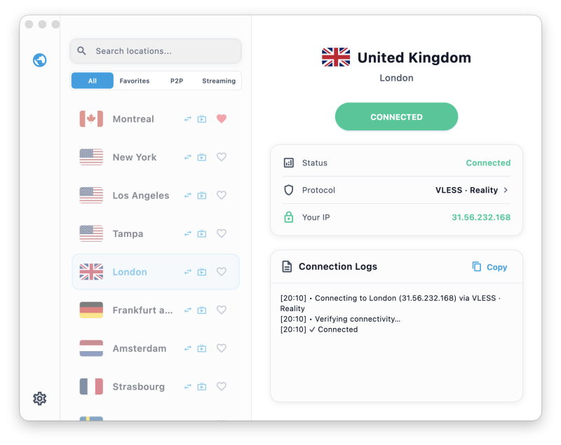 VPNBaron app connected over VLESS Reality