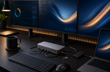 Illustrative multi-monitor workstation with a generic Thunderbolt docking hub