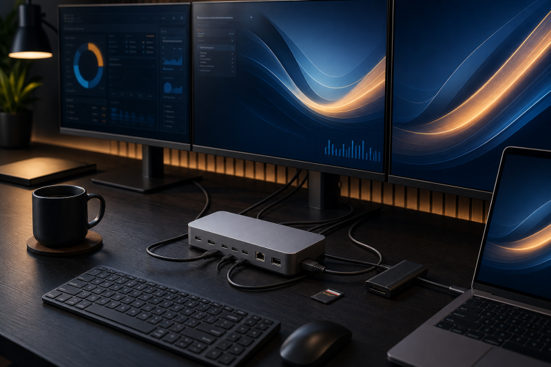 Illustrative multi-monitor workstation with a generic Thunderbolt docking hub
