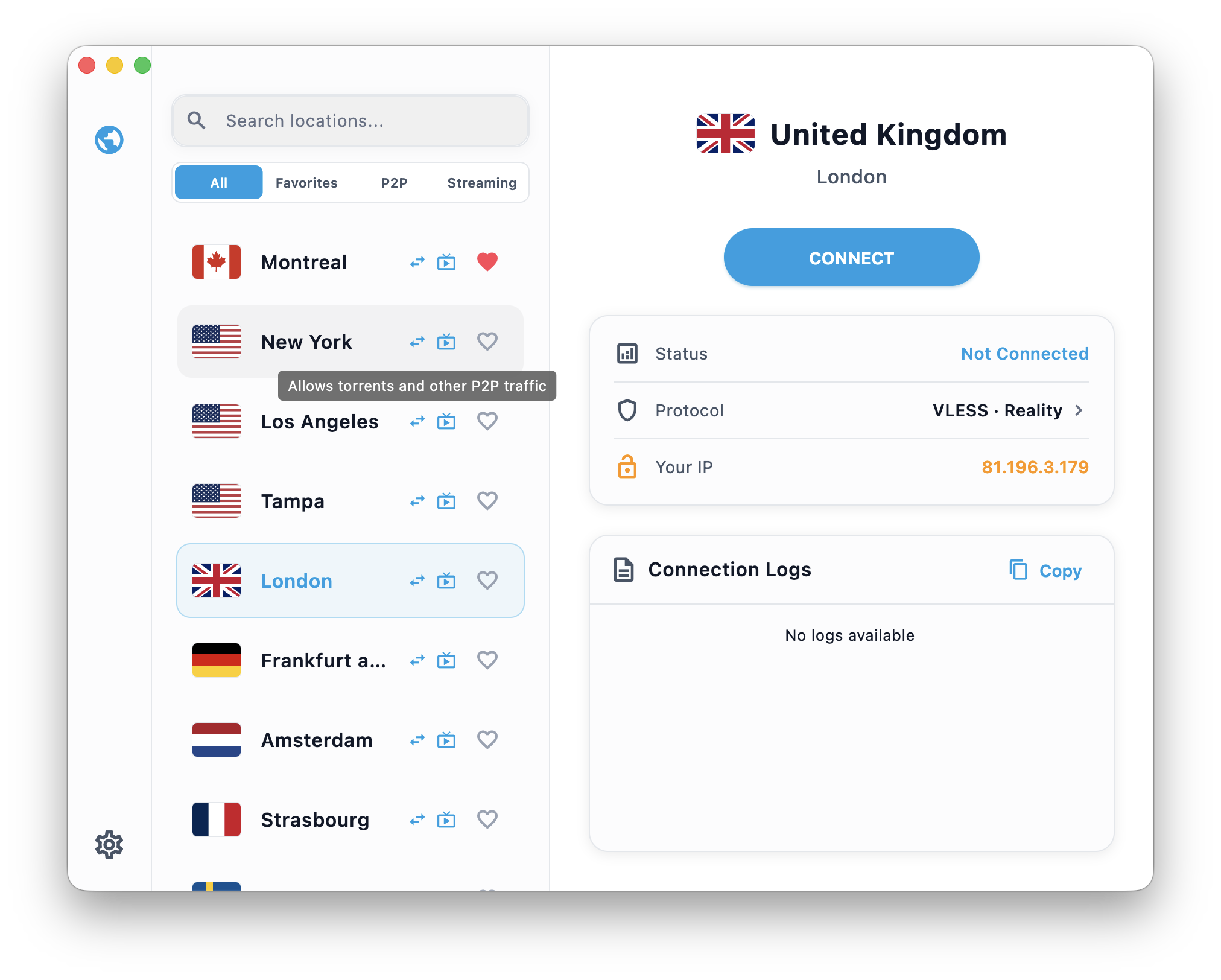 VPNBaron server list with P2P and Streaming filters