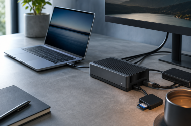 Illustrative desktop workstation with a generic fanless dock for the OWC Thunderbolt 5 Dock review.