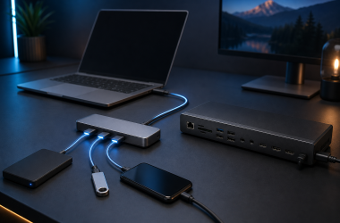 Illustration of a Thunderbolt hub and a full dock connected to a laptop