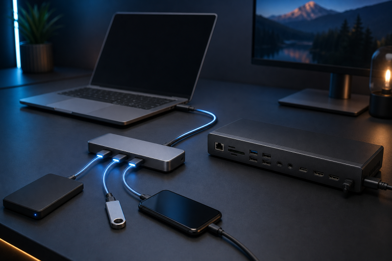 Illustration of a Thunderbolt hub and a full dock connected to a laptop